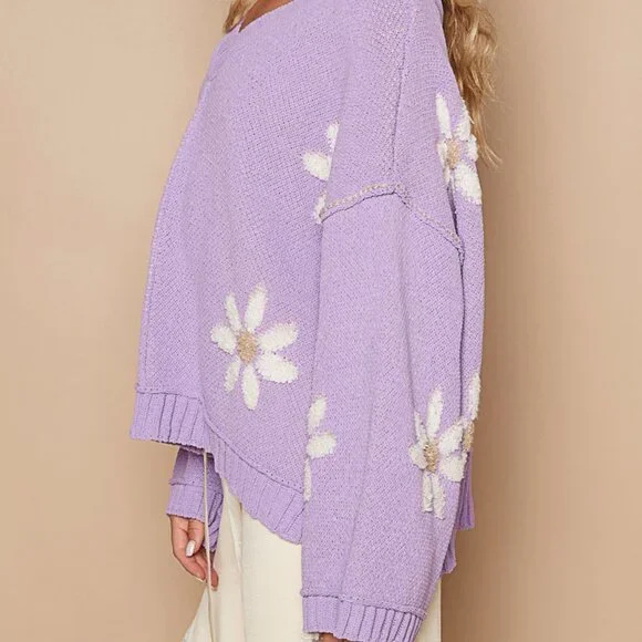 Just In! Pol Lilac Sweater with Cream Flowers NWT Sz S-L - Picture 4 of 6